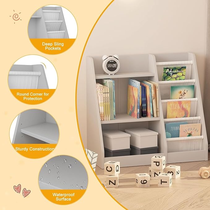 NACHES Montessori Kids Bookshelf Fabric Sling Pockets & Open Shelves – Front Facing Toddler Book Display and Toy Storage Organizer for Nursery Playroom or Bedroom 25" Wide (Gray, Small)