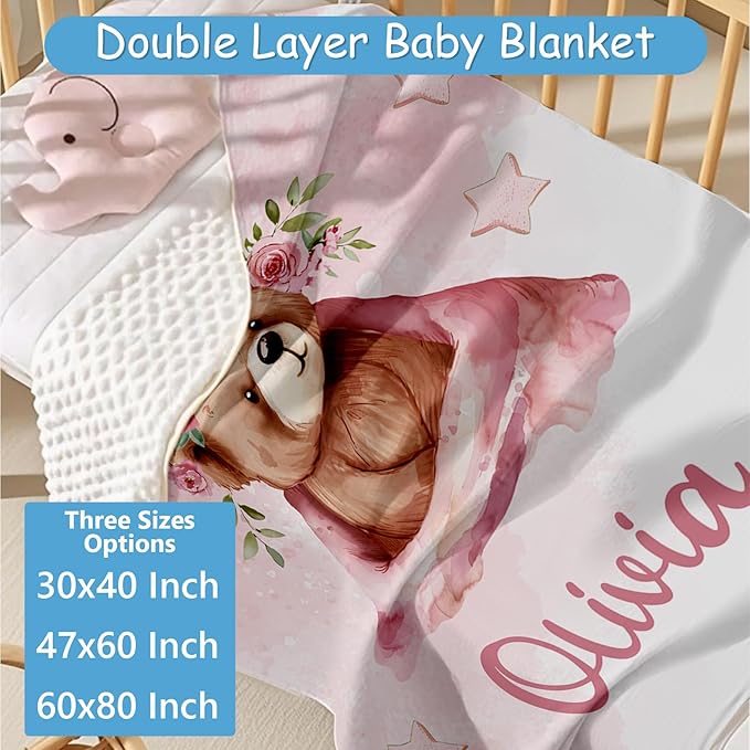 Personalized Crib Bedding Set for Girls, Custom Name Nursery Bedding Sets 5 Pcs, Pink Bear Baby Crib Set for Newborn Infant Toddler, Soft Flannel Double Layer Baby Blanket, New Parents Gifts