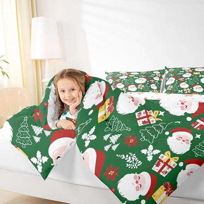 jejeloiu Santa Claus Comforter Set Twin Size Merry Christmas Bedding Set for Kids Boys Girls Xmas Themed Duvet Quilt Green Bedroom Decor