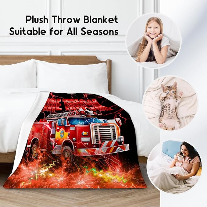 Kids Blanket Fire Truck Gifts for Toddler Boys, 50"x60" Fleece Soft Cozy Car Theme Throw for Couch Bed