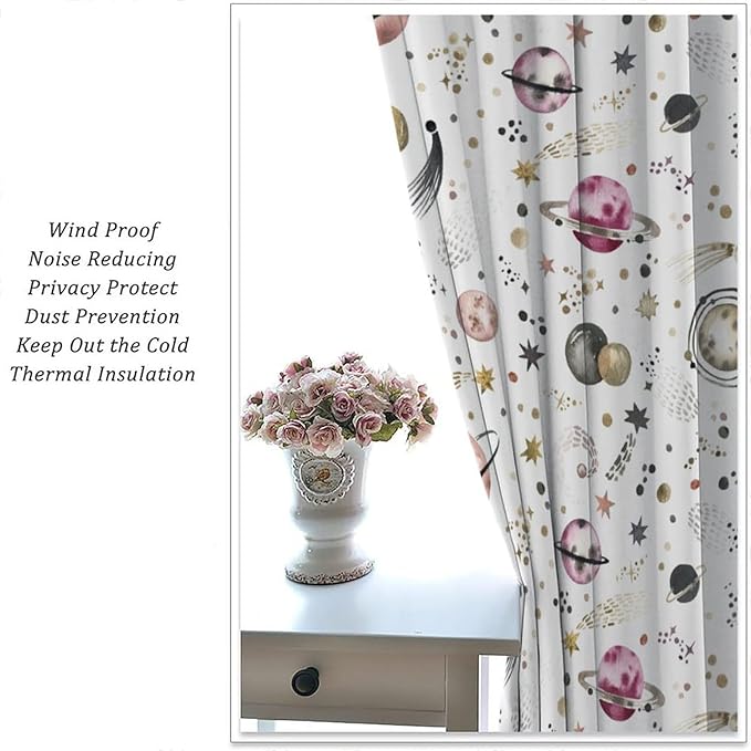 Kids Outer Space Curtains, Cartoon Galaxy Planet Universe Starry Starts Printed Window Drapes for Boys Girls Teens Bedroom Nursery 63" W X 63" L