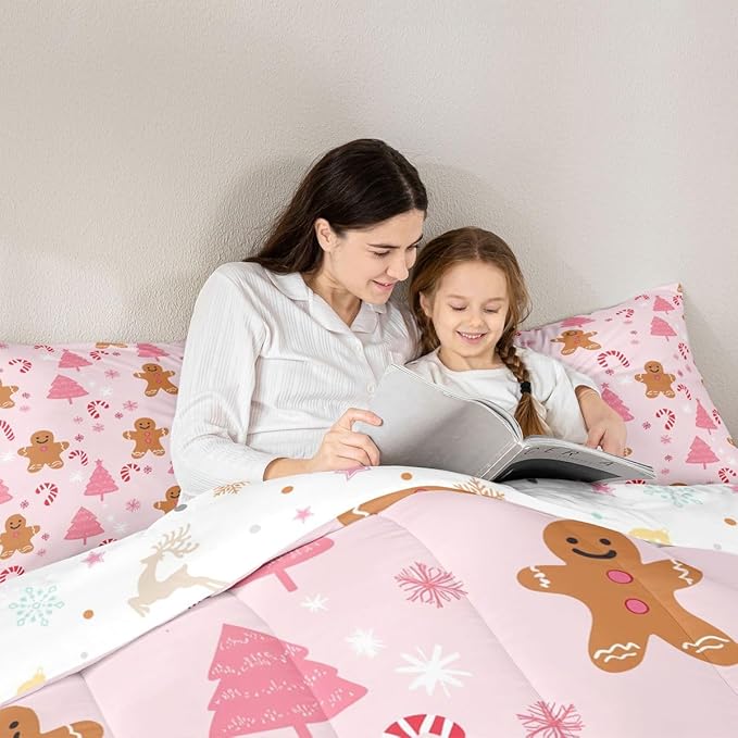 Feelyou Cute Gingerbread Man Comforter Set All Season Pink Christmas Tree Bedding Set with 2 Pillow Cases Candy Cane Kids King Snowflake Room Decor Christmas Duvet Quilt Breathable Soft Lightweight