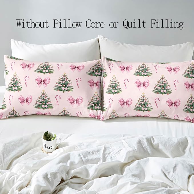 LUVIVIHOME 2PCS Pink Bow Christmas Tree Duvet Cover Twin Bedding Sets, Teen Girls Bedding, Xmas Tree Candy Cane Winter Holiday Christmas Comforter Cover, Coquette Room Decor Aesthetic, 1 Pillow Sham