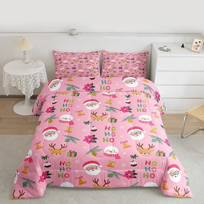 Feelyou Santa Claus Comforter Set Full Size Xmas Bedding Set for Kids Boys Girls Christmas Decor Duvet Quilt Happy New Year Bedroom Decor Microfiber 3 Pcs with 2 Pillow Cases