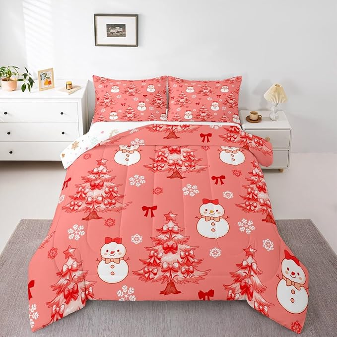 Feelyou Merry Christmas Kids Comforter Set Toddler Size Cute Snowman Bedding Set Cartoon Bowknot Duvet Quilt for Kids Boys Girls Bedroom Christmas Tree Decor Microfiber Ultra Soft Breathable