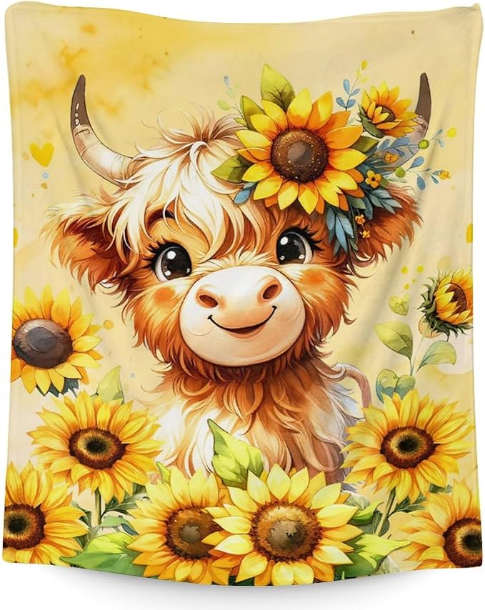 Highland Cow Blanket Gifts - 40" x 50" Inches Cartoon Highland Cow Throw Blanket for Boys Girls- Yellow Soft Furry Blankets Gift for Sofa, Crib & Bed