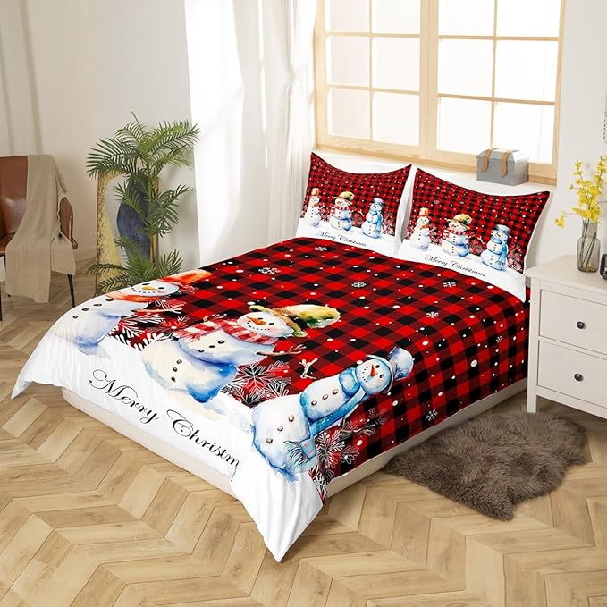 Xmas Snowman Duvet Cover Set King Size, Christmas Bedding Set 3pcs for Kids Boys Girls Bedroom Decor, Red Black Plaid Print Comforter Cover with 2 Pillowcases,Snowflake Print Quilt Cover,No Comforter