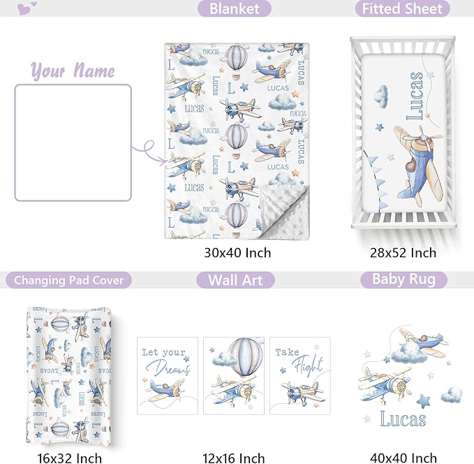 Personalized Baby Crib Bedding Set, 5 Pcs Custom Name Nursery Bedding Set for Girls Boys, Blue Plane Baby Crib Set for Toddlers Infants, Double Layer Bedding Crib Sets Customized Gifts