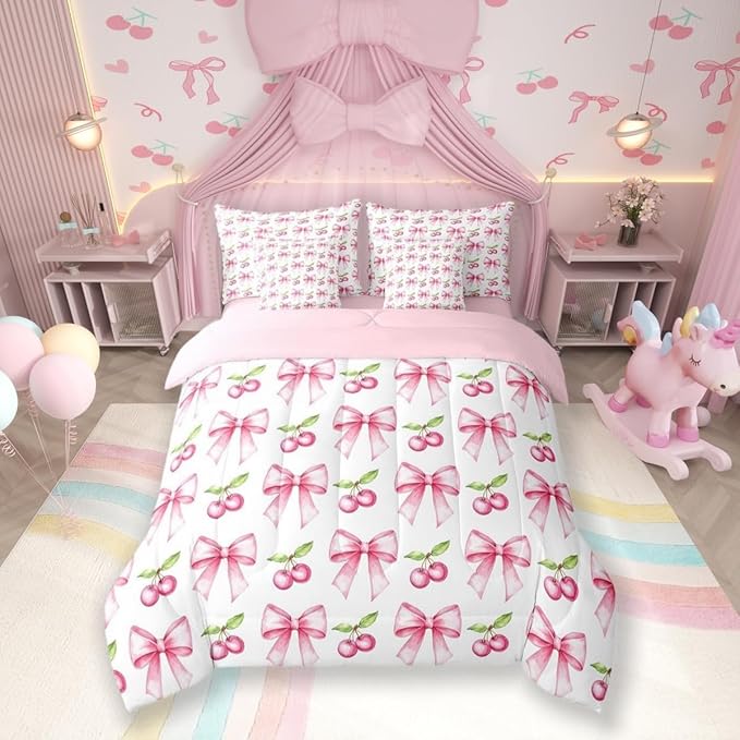 7 Pieces Pink Bowknot Kids Comforter King,Cherry Tropical Fruit Cartoon Bedding Set,Bow Tie Butterfly Knot Princess Dreamy Fashion（Comforter+Fitted+Flat Sheet+2 Pillowcases+2 Throw Pillow Covers）