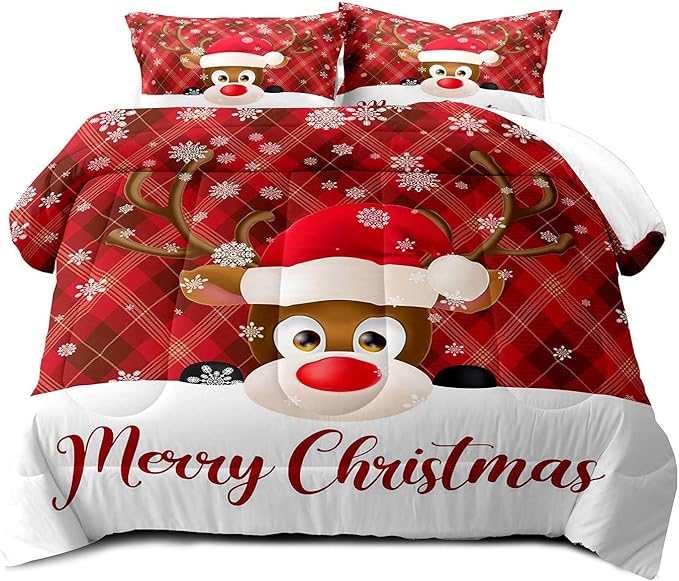 LUVIVIHOME 3PCS Merry Christmas Comforter Set King Size, Snowflake Cartoon Funny Cute Elk Deer Bedding, Xmas Christmas Bedroom Decor, Soft Microfiber White Red Quilt, 2 Pillow Shams