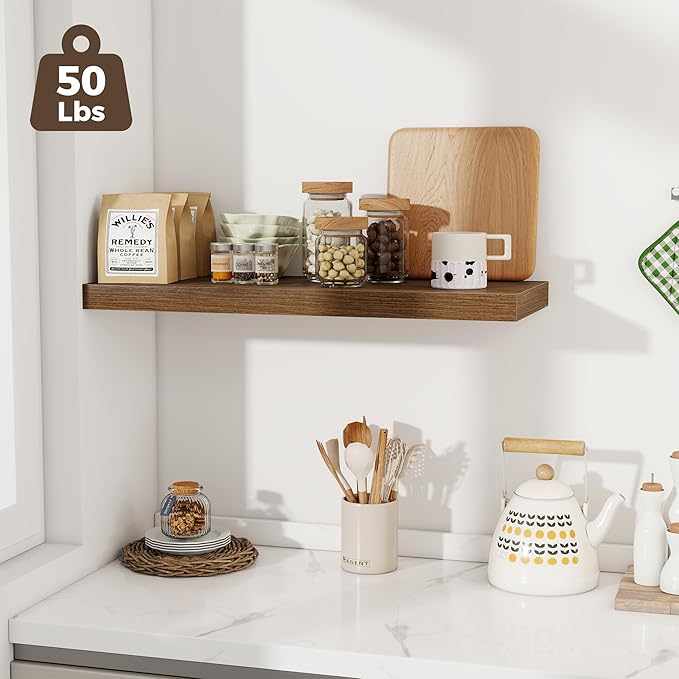 Fun Memories 12 Deep Floating Shelves for Wall | 30W x 12D Large Floating Shelves | 3 Pack Storage Space Wall Mount Shelf for Living Room Bathroom Toilet Laundry Room Kitchen Home Office - Walnut