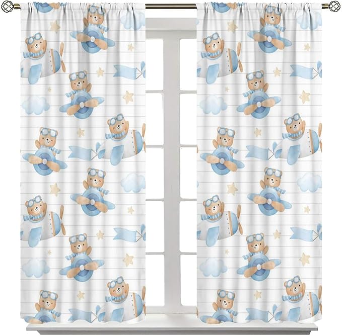 Cartoon Bear Curtains, Lovely Bear Adventure Airplane Blue White Stripe Blackout Window Treatments, Rod Pocket Thermal Insulated Drapes 2 Panel Sets for Kids Bedroom Nursery Classroom, 63"W X 72"L