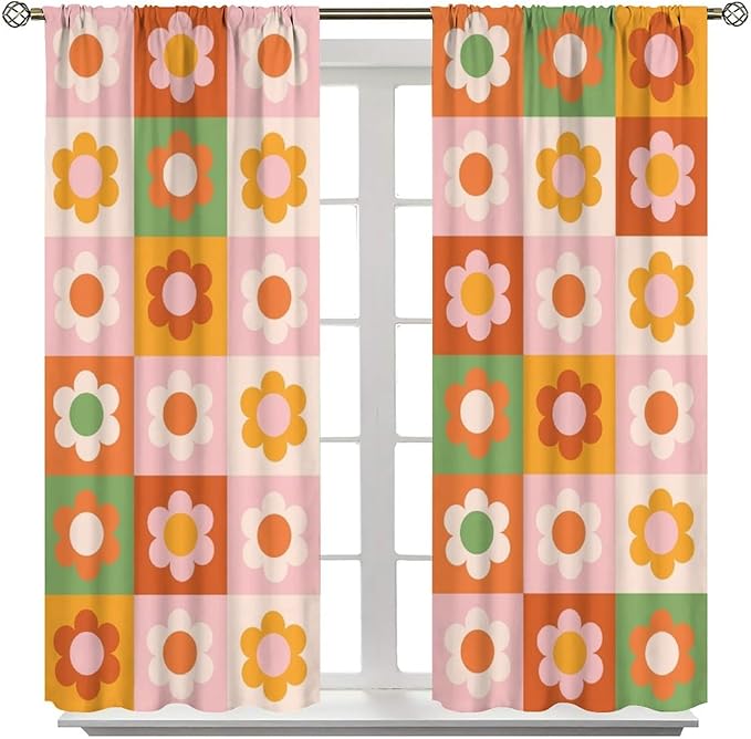 70s Flowers Curtains,Vintage Cute Colorful Abstract Floral for Girls Kids Bedroom Bathroom Curtains Window,Trendy Groovy Funky Novelty Home Window Treatments Drapes 63"" W X 63"" L, Style-5