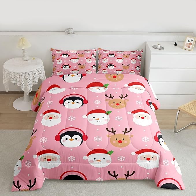 Feelyou Pink Christmas Comforter Set Twin Size Santa Claus Bedding Set for Kids Boys Girls Deer Penguin Duvet Quilt Snowman Bedroom Decor Microfiber 2 Pcs with 1 Pillow Cases
