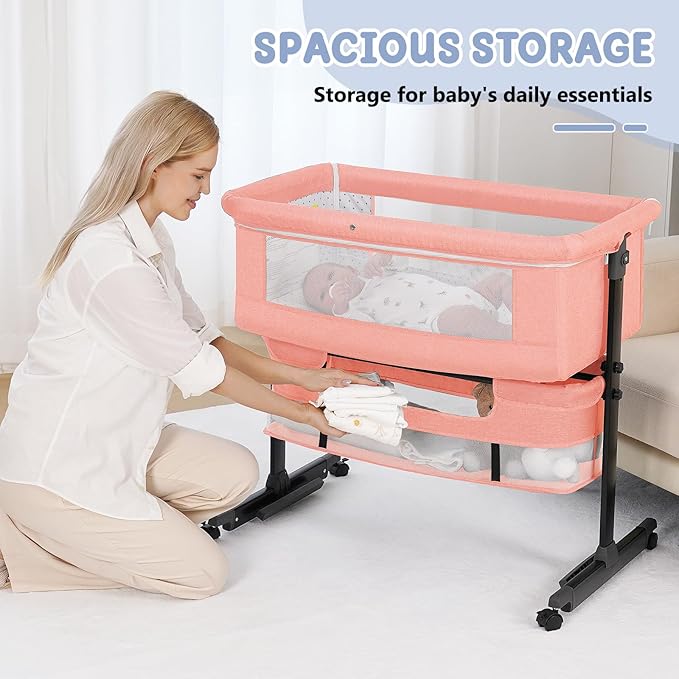 3 in 1 Bassinet Bedside Sleeper, Baby Bassinets Bedside Sleeper with Wheels, Breathable Mesh, Adjustable Height, Storage Basket, Easy Assemble & Folding (Pink)