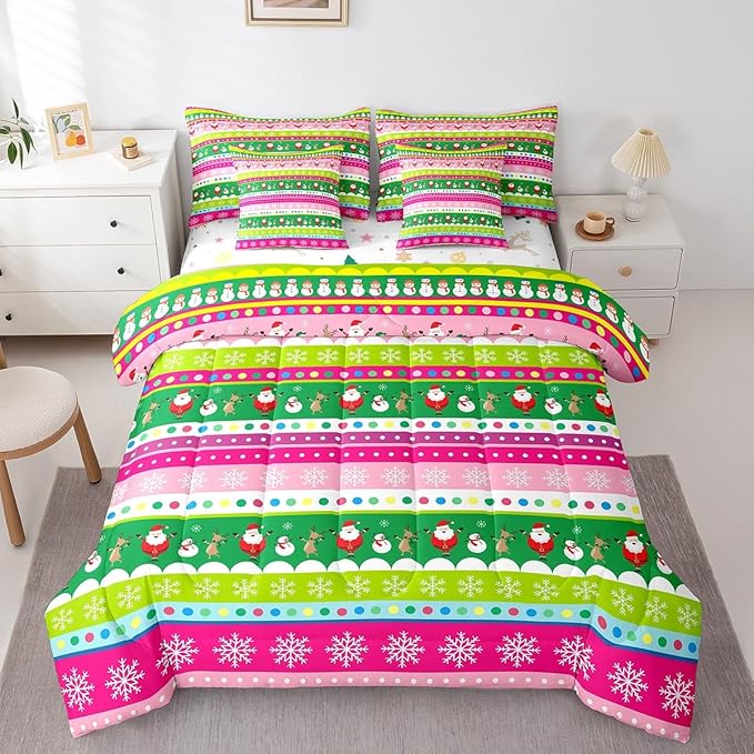 Christmas Bed Set Snowman Christmas Reindeer Print Comforter Set with Sheets Xmas Santa Claus Bed in a Bag for Kids Girls New Year Theme Bedding Set Bedding Full Size
