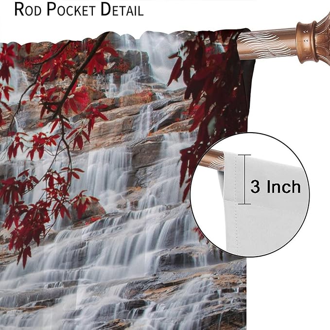 Waterfall Blackout Windows Curtains, Waterfall Red Forest Pattern Nature View Curtains, for Living Room Bedroom 84x84in 2 Panels