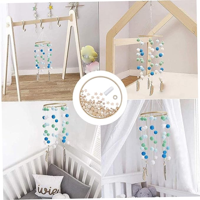 Baby Mobile for Crib, DIY Wooden Baby Crib Mobile Set with Bamboo Ring, Beads and Cotton Thread for Nursery Decor Gifts