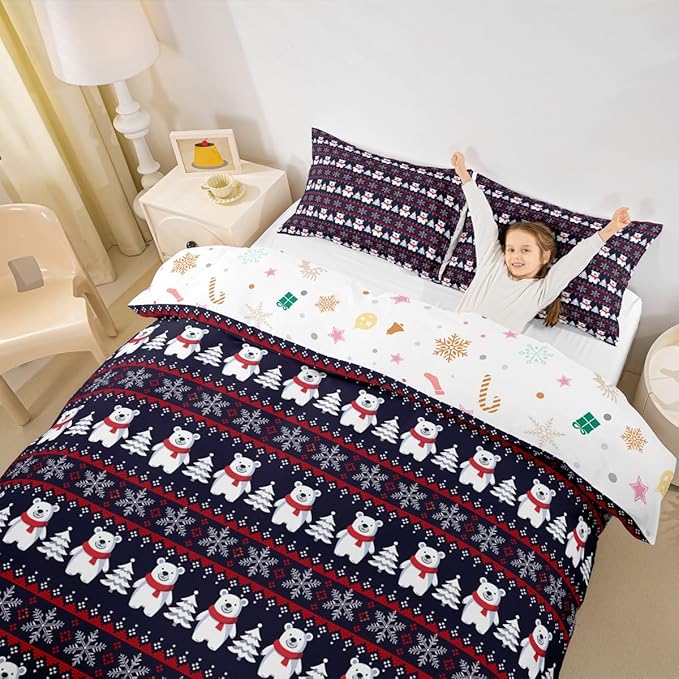 Christmas Bedding Set for Kids Boys Girls Polar Bear Christmas Tree Comforter Cover Set Exotic Ethnic Xmas Theme Duvet Cover Bedroom Decor Snowflake Bedspread Cover Toddler Bedding Collection 2Pcs