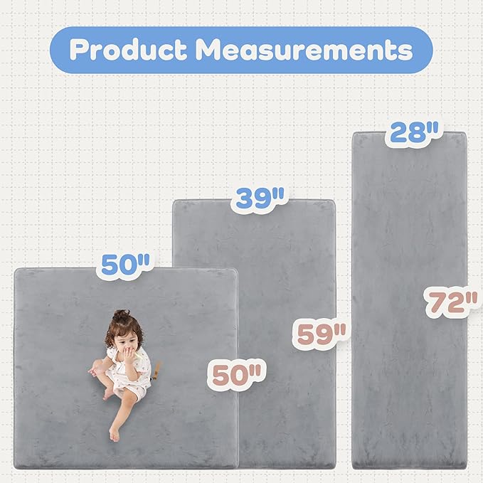 1.3" Thick Baby Floor Play Mat 50x50, Basic Padded Foam Mat for Tummy Time Crawling, Non Slip Cushioned for Babies Toddlers Infants Kids (Light Grey)
