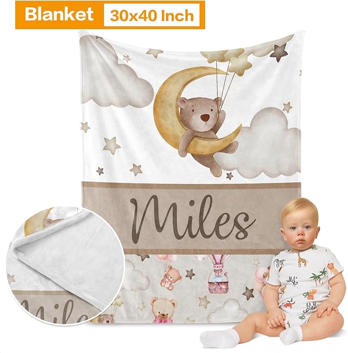 Custom Crib Bedding Set - Bear Design Personalized Name Baby Nursery Bedding 3 Pcs Set - Chic Soft Blanket, Sheet, Pillowcase for Newborns Boys Girls Gifts Color02