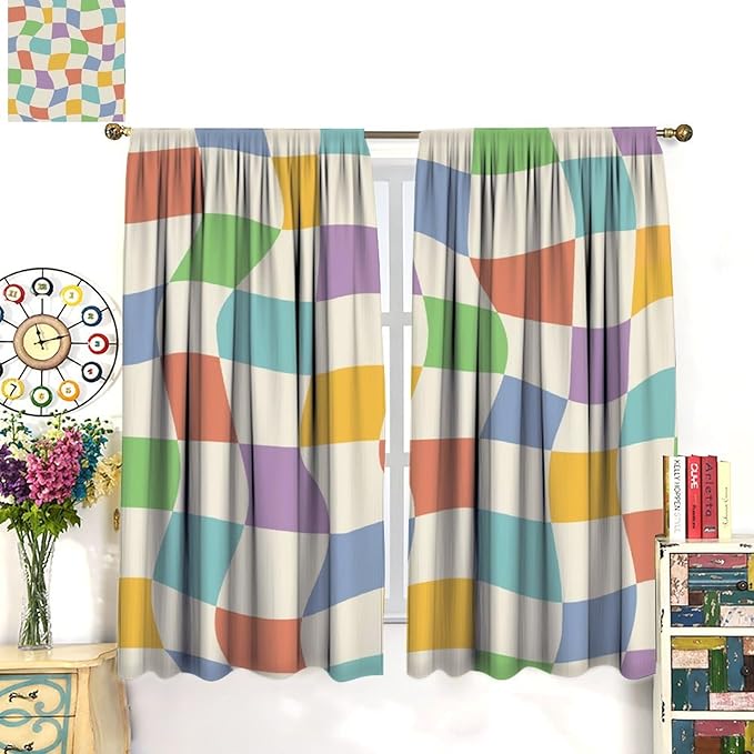 Checkered Curtains,70s Vintage Twisted Checkered Window Drapes Colorful Groovy Trendy Wavy Hippie Grid Print Window Treatments for Kids Girls Bedroom Living Room Bathroom 42" W X 63" L