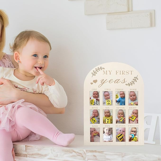 Toyvian Newborn First Year Picture Frame Wood Milestone Board Photo Display Keepsake for Nursery Desk Decoration Months Milestone Photo Frame for Parents