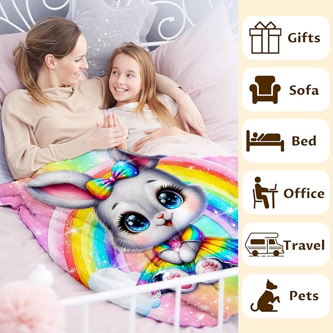 Blanket for Girls, Bunny Throw for Kids Teens Rabbit Lovers 60x80 Inches Lightweight Soft Cute Rainbow Print Throw Blankets for Sofa Couch Living Room Bed