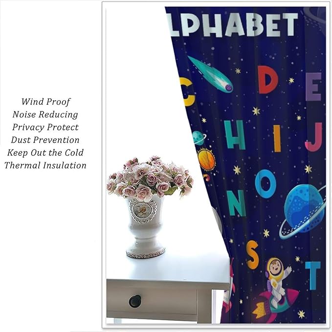 Alphabet Curtains Kids Outer Space Cartoon Universe Planet Educational Learning Curtain with Rod Pocket for Bedroom Nursery Decor Drapes Window Treatments 2 Panels Set 42" W X 54" L