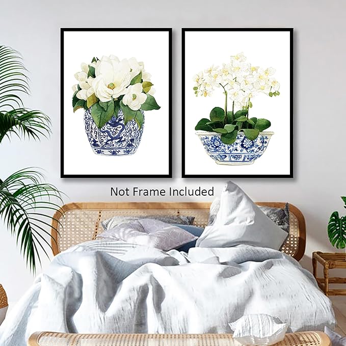 White Orchid & Magnolia Watercolor Flowers Botanical Plant Art Print Blue And White Chinoiserie Wall Art Oriental Vase Blue White Willow Style Porcelain Flower Jar Poster for Living Room Decor