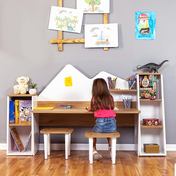 Kid's Study Desk with Bookshelf + 2 Stools for Ages 3-8, Wooden Children Activity Table with Hutch and Shelves, Kids Bedroom Study Desk with Storage