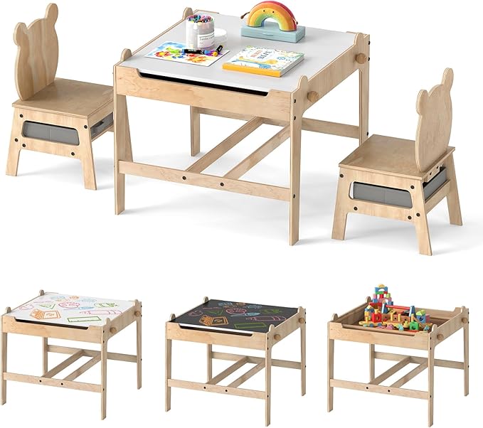 Costzon Kids Table and Chairs, 4 in 1 Wooden Activity Desk Set w/Reversible Whiteboard & Chalkboard, Hidden Storage Space and Drawers for Arts, Crafts, Play, Toddler Table and Chair Set (Bear Shape)