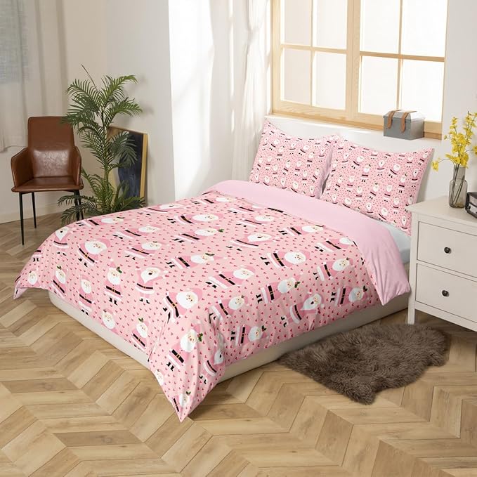 Feelyou Christmas Bedding Set for Kids Boys Girls Cute Santa Claus Comforter Cover Set Cartoon Xmas Theme Duvet Cover Bedroom Decor Pink Dreamy Heart Bedspread Cover Toddler Bedding Collection 2Pcs