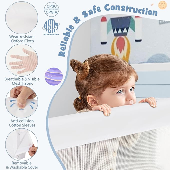BABY JOY Double Sided Bed Rail Guard, 2 Pack, Extra Long, Swing Down for Convertible Crib, Folding Baby Safety Bedrail for Kids Twin Full Size Queen King Mattress, Rails for Toddlers (White, 48")