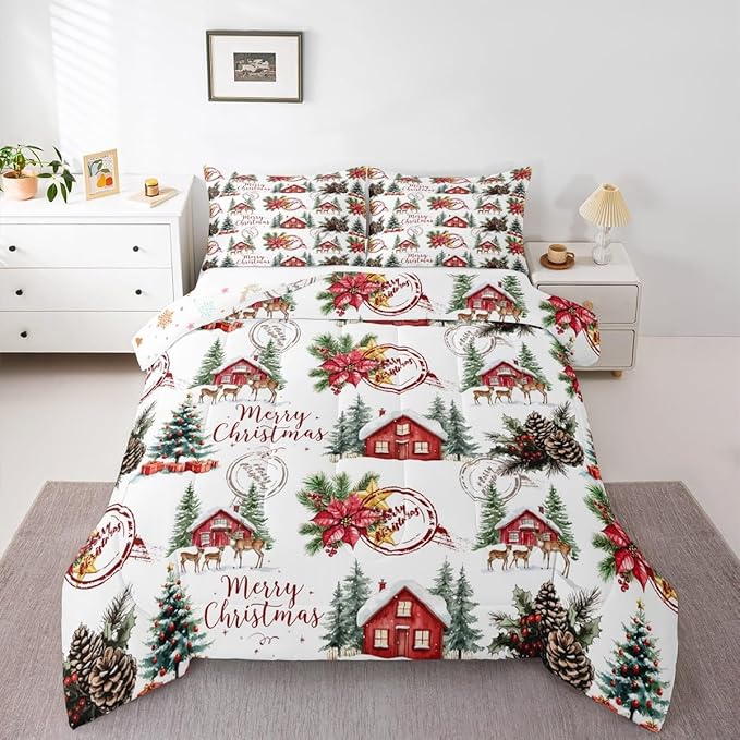 Merry Christmas Comforter Set King Size,Poinsettia Winter Xmas Pine Tree Kids Bedding Set,Snowflake Rustic Farmhouse Quilt Comforter,Red Green White Duvet Insert,2 Pillowcases