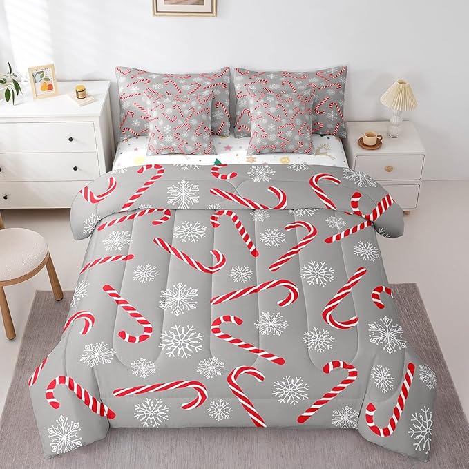 Erosebridal Xmas Candy Cane Full Bedding Set 7 Piece,Merry Christmas Bed in A Bag for Kids Boys Girls,Winter Snowflake Comforter Set Grey Christmas Ornaments Sheet Set with Comforter