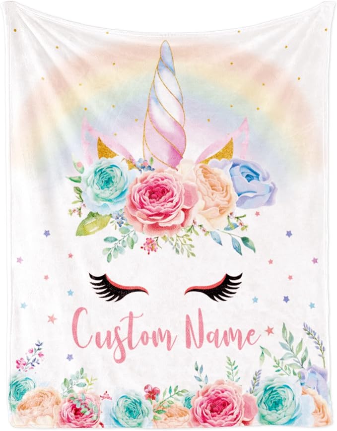 Personalized Unicorn Blanket Name Girl, Custom Name Blanket Kids, Soft Flannel Pink Unicorn Toddler Blanket Customized Gift Birthday Christmas Baby Shower Newborn Gift 30''x40''