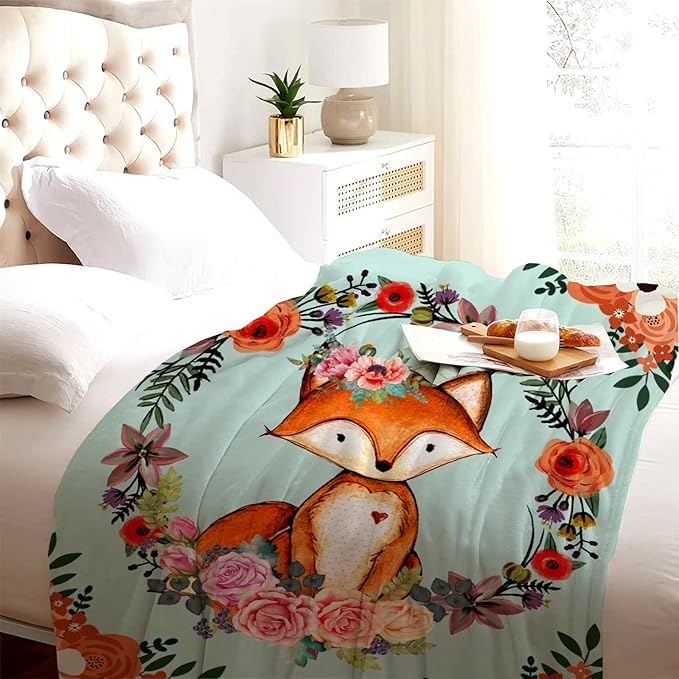 Fox Blanket Flower Fox Print Throw Blanket Ultra Soft Flannel Blankets Gifts for Kids Adults 50"x40"