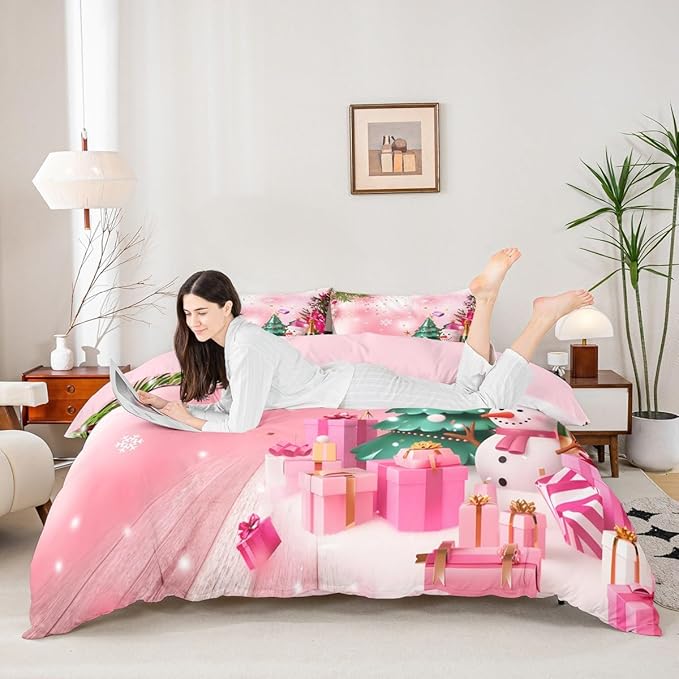 Christmas Bedding Set Kids Christmas Tree Snowman Xmas Theme Comforter Cover Set for Boys Girls Snowflake Duvet Cover Breathable Luxury Gift Boxes Bedspread Cover Room Decor Quilt Cover Full Size