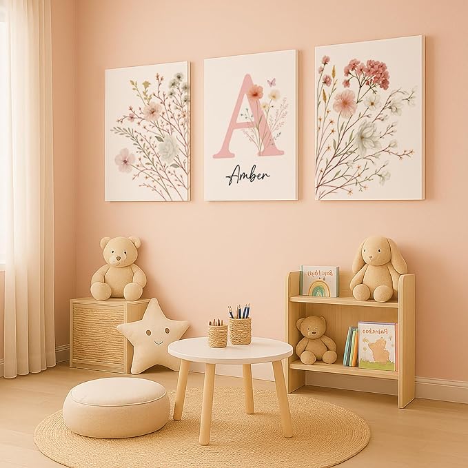 Personalized Girls Nursery Wall Art - Custom Name Pink Floral Butterfly Canvas Print 3pc Framed Wrapped Canvas for Bedroom Living Room Entryway Study Room Initial Wall Decor Baby Shower Birthday Easter Graduation New Year Valentine's Day Gift (60×90cm/...