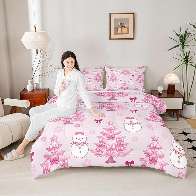 Feelyou Merry Christmas Bedding Set Soft for Boys Girls, Cute Snowman Comforter Set King Size Cartoon Bowknot Duvet Quilt Microfiber Christmas Tree 3 Pcs with 2 Pillow Cases