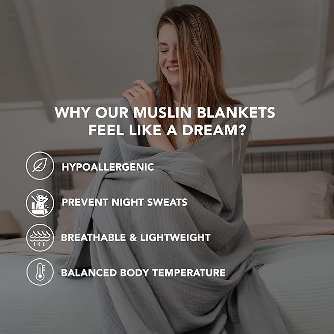 Goqan Muslin Blanket King Size 90x108 – 100% Cotton 4 Layer Boho Muslin Blanket for Adults, Lightweight, Soft, Breathable for Bed, Couch - Light Grey