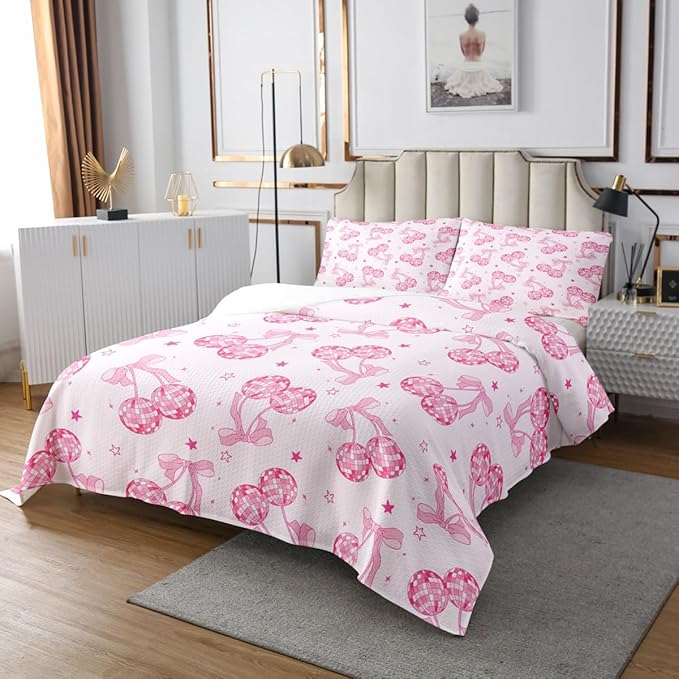 Bowknot Princess Kids Bedspread Queen Size,Disco Crystal Ball Western Cowgirl Coverlet Set,Girls Women Room Decor,Starry Sky Bow Tie Romantic Quilted Coverlet,Pink Girly Bedding Quilt,2 Pillowcases