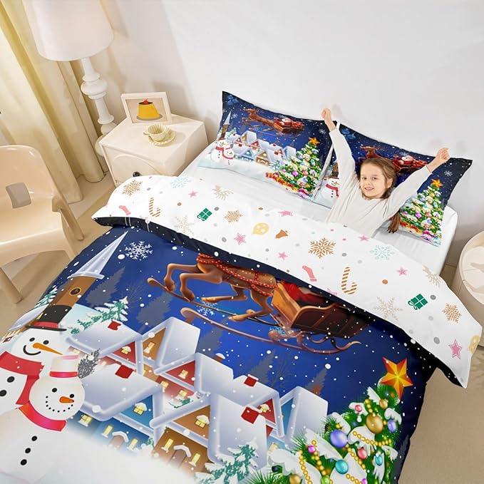 Manfei Christmas Duvet Cover Set Twin Size, Snowman Xmas Tree Santa Claus Bedding Set 2pcs, Reversible Winter Snow Cabin Holiday New Year Quilt Cover with Zipper Closure, 1 Pillowcase, No Comforter
