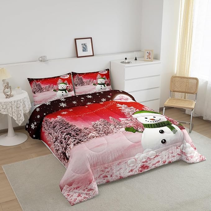Feelyou Kids Merry Christmas Decorations Toddler Size Comforter Set Xmas Snowman Bedding Set Red Quilt Set Soft Warm Lightweight Duvet Set