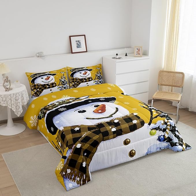 Feelyou Kids Christmas Theme Decorations Bedding Set Xmas Snowman Comforter Set for Boys Girls Snowflake Kawaii Cute Comforter Bright Yellow Quilt Set Bedroom Collection Toddler Size