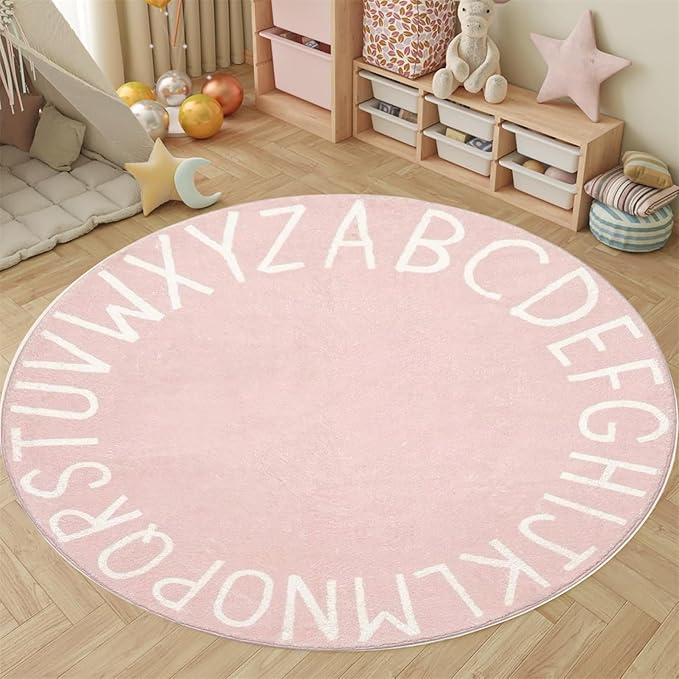 Round ABC Rug-6ft Children Education and Learning Fun Carpet, Alphabet Baby Crawling Mat,Fluffy and Comfortable Plush Floor Cushion Pink Sofa Cushion, for Playroom Classroom Decoration