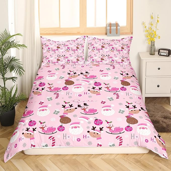Manfei Christmas Duvet Cover Set King Size, Santa Claus and Reindeer Comforter Cover with 2 Pillowcases, New Year Pink Bedding Set 3pcs for Kids Girls Adult Lightweight Bedspread Cover,No Comforter