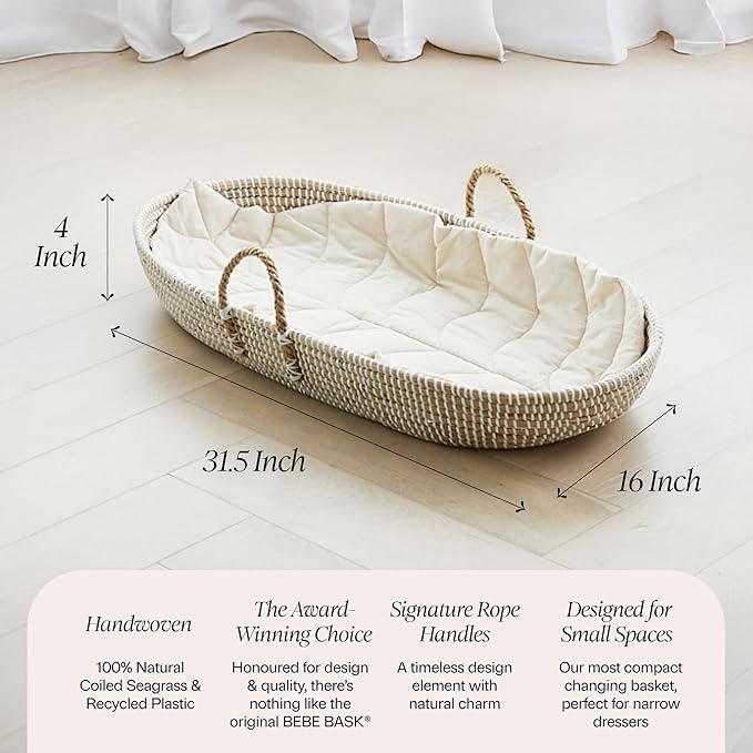 BEBE BASK Premium Baby Changing Basket - Artisan-Crafted Seagrass - Rope Handles - Changing Basket for Baby Dresser - All Accessories Included - Complete Set for Nursery (Natural)