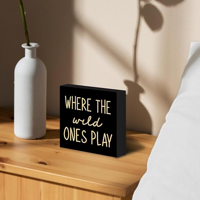Where The Wild Ones Play Black Yellow Wood Box Sign Desk Decor 5X5, Nursery Kids Room Wooden Block Sign Decorations for Playroom Toddler Room Wall Tabletop Shelf Decor